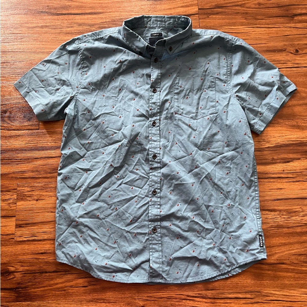 PrAna Mens Size Large Short Sleeve Button Up Shirt Cherry Print Light Blue